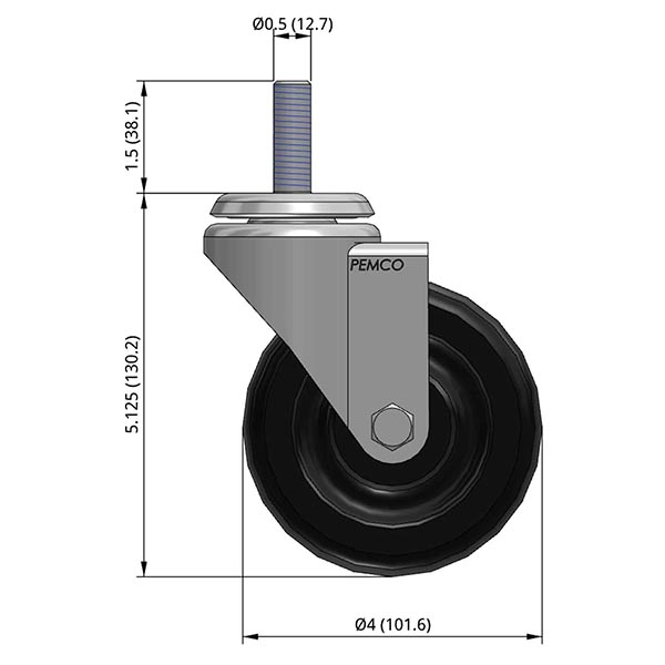 Side view drawing of caster with dimensions